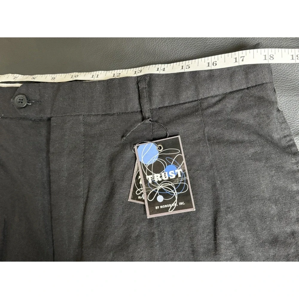 NWT Vintage TRUST Mens Linen Pleated Trousers Black Cuffed 36W 27L Tag-38x30